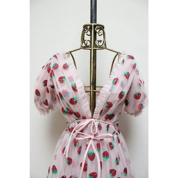 Lirika Matoshi Pink Glitter Strawberry Tulle Maxi Gown Dress Size Small - Picture 5 of 7